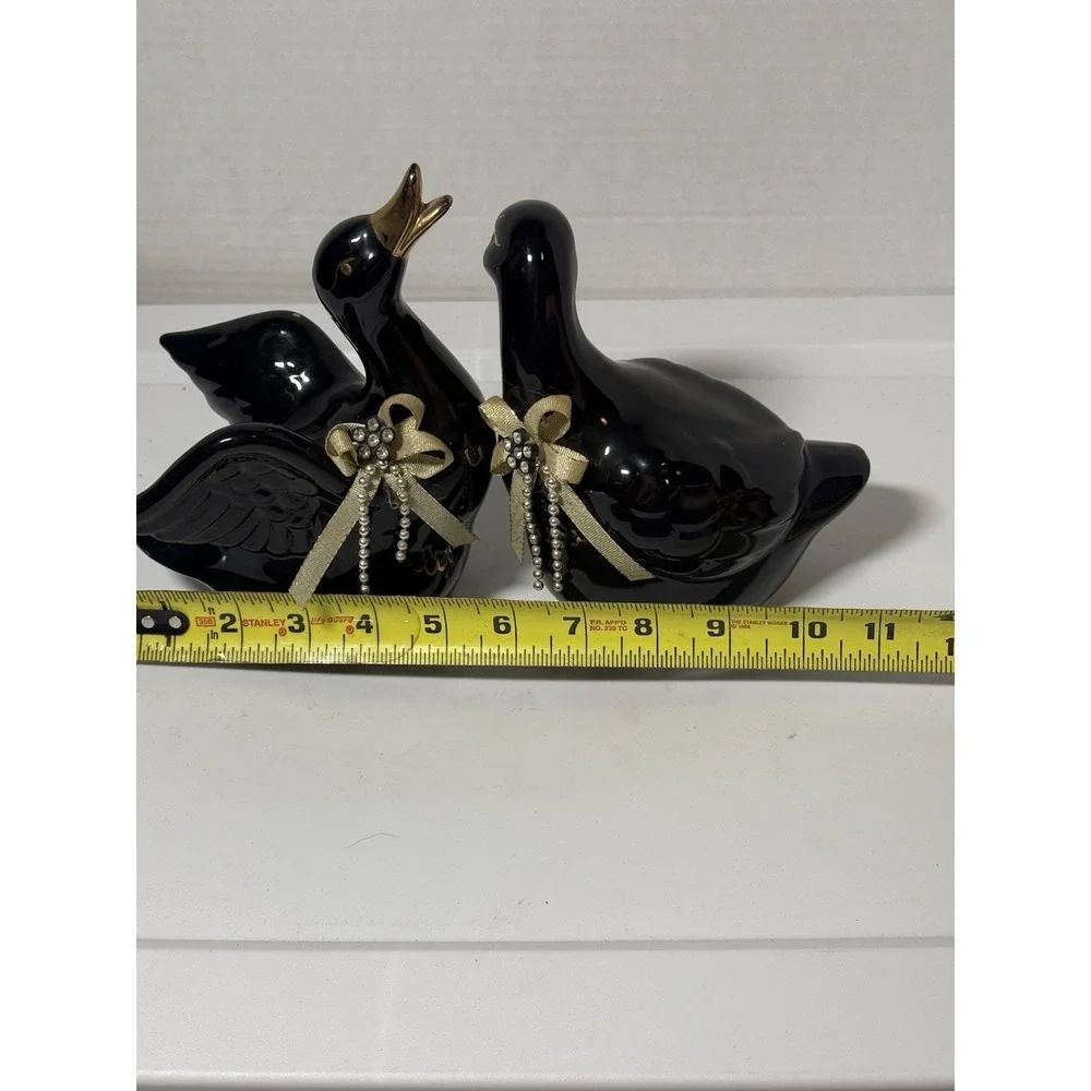 VTG Black Gold Ceramic Ducks Set Animal Figurines Made In Taiwan 6